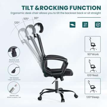 SMUG Office Desk Computer Chair, Ergonomic High Back Comfy Swivel Gaming Home Mesh Chairs with Wheels, Lumbar Support, Adjustable Headrest,Comfortable Pillow,Soft Arms,120°tilt for Bedroom,Study,Black