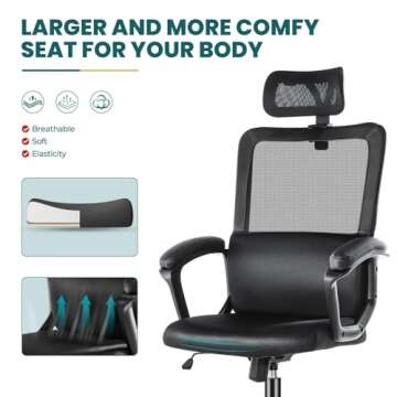 SMUG Office Desk Computer Chair, Ergonomic High Back Comfy Swivel Gaming Home Mesh Chairs with Wheels, Lumbar Support, Adjustable Headrest,Comfortable Pillow,Soft Arms,120°tilt for Bedroom,Study,Black