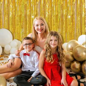 3 Pack Gold Backdrop Birthday Decorations Foil Curtain Backdrop Gold Streamers Dance Party Decorations Photo Booth Props for Bachelorette Decorations Christmas Halloween New Years Eve Party Supplies