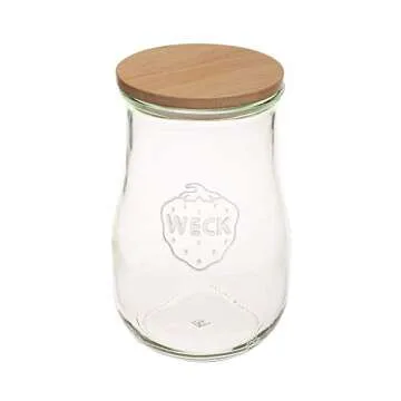 Weck Tulip Jars 1.5 Liter - Sour Dough Starter Jar - Large Glass Jars for Sourdough - Starter Jar with Glass Lid Tulip Jar with Wide Mouth Suitable Canning and Storage 1 Jar with Wood Lid