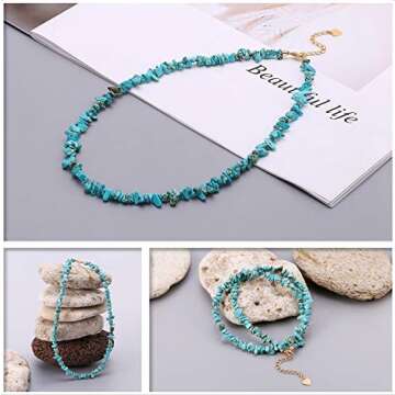 Aobei Pearl Genuine Turquoise Choker Blue Howlite Chip Beaded Necklace Summer Beach Gemstone Jewelry for Women 15’’