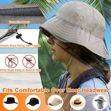 Benvo Mosquito Head Net Mesh, Face Neck Fly Netting Hood from Bugs Gnats Noseeums Screen Net for Any Outdoor Lover- with Carry Bags Fits Most Sizes of Hats Caps (2pcs, Black, Updated Big Net)