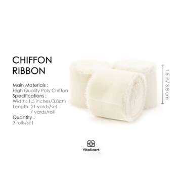 Vitalizart Cream White Handmade Chiffon Silk Ribbon Fringe 3 Rolls 1.5" x 21 Yd Ivory Frayed Edges R...