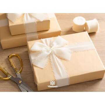 Vitalizart Cream White Handmade Chiffon Silk Ribbon Fringe 3 Rolls 1.5" x 21 Yd Ivory Frayed Edges Ribbons for Wedding Invitations Bridal Bouquets Gifts Wrapping Crafts Holiday Decor