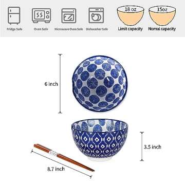 Selamica Ceramic Ramen Bowls, 15 OZ Noodle Bowls for Kitchen with Chopsticks, Deep Soup Bowls for Ja...