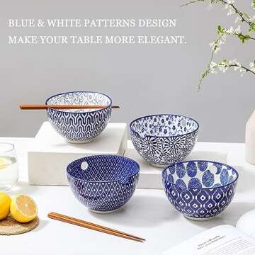 Selamica Ceramic Ramen Bowls, 15 OZ Noodle Bowls for Kitchen with Chopsticks, Deep Soup Bowls for Japanese Ramen Udon Soba, Microwave Dishwasher Safe, Vintage Blue A