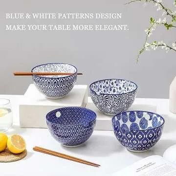 Selamica Ceramic Ramen Bowls, 15 OZ Noodle Bowls for Kitchen with Chopsticks, Deep Soup Bowls for Japanese Ramen Udon Soba, Microwave Dishwasher Safe, Vintage Blue A