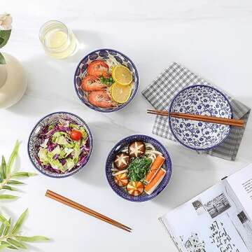 Selamica Ceramic Ramen Bowls, 15 OZ Noodle Bowls for Kitchen with Chopsticks, Deep Soup Bowls for Japanese Ramen Udon Soba, Microwave Dishwasher Safe, Vintage Blue A