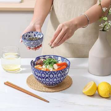 Selamica Ceramic Ramen Bowls, 15 OZ Noodle Bowls for Kitchen with Chopsticks, Deep Soup Bowls for Japanese Ramen Udon Soba, Microwave Dishwasher Safe, Vintage Blue A