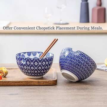 Selamica Ceramic Ramen Bowls, 15 OZ Noodle Bowls for Kitchen with Chopsticks, Deep Soup Bowls for Japanese Ramen Udon Soba, Microwave Dishwasher Safe, Vintage Blue A