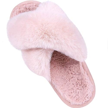 Comwarm Women's Cross Band Fuzzy Slippers Fluffy Open Toe House Slippers Cozy Plush Bedroom Shoes In...