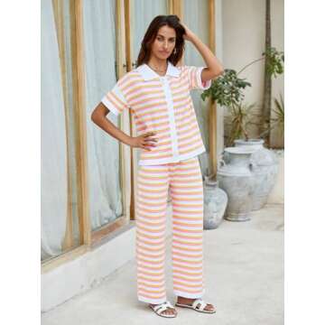 Tankaneo Womens Short Sleeve Striped Pajama Sets Color Block Crochet Knit Button Top Pants 2 Piece Lounge Sets Orange