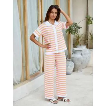 Tankaneo Womens Short Sleeve Striped Pajama Sets Color Block Crochet Knit Button Top Pants 2 Piece Lounge Sets Orange