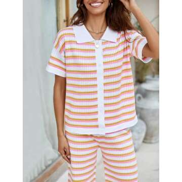 Tankaneo Womens Short Sleeve Striped Pajama Sets Color Block Crochet Knit Button Top Pants 2 Piece Lounge Sets Orange