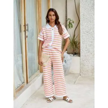 Tankaneo Womens Short Sleeve Striped Pajama Sets Color Block Crochet Knit Button Top Pants 2 Piece Lounge Sets Orange