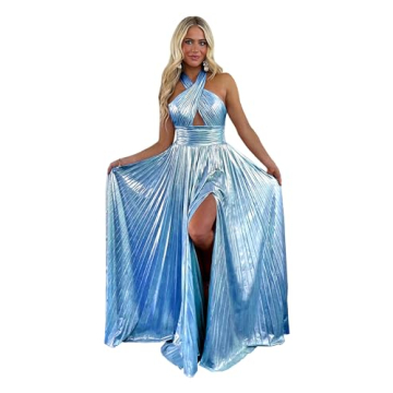 Tidinesslife Women's Halter Metallic Satin Formal Dress with Slit Sleeveless Sparkling Long Evening ...