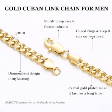 OLARCU 7mm 18K Real Gold Plated Cuban Link Chain for Men, Mens Stainless Steel Gold Chain Necklace Jewelry for Men (22 Inches(Men's average length))