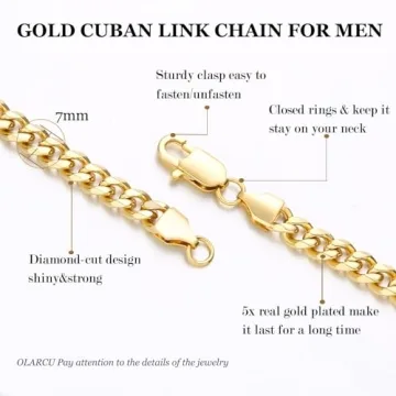 OLARCU 7mm 18K Real Gold Plated Cuban Link Chain for Men, Mens Stainless Steel Gold Chain Necklace Jewelry for Men (22 Inches(Men's average length))