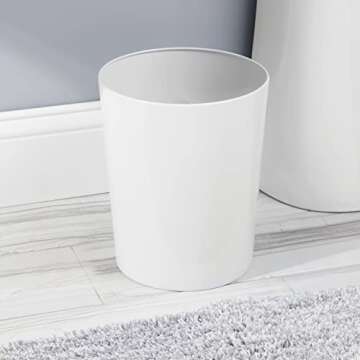 mDesign Round Metal Small 1.7 Gallon Recycle Trash Can Wastebasket, Garbage Container Bin for Bathrooms, Kitchen, Bedroom, Home Office - Durable Stainless Steel - Mirri Collection - White