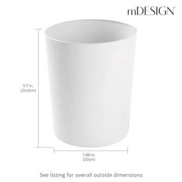 mDesign Round Metal Small 1.7 Gallon Recycle Trash Can Wastebasket, Garbage Container Bin for Bathrooms, Kitchen, Bedroom, Home Office - Durable Stainless Steel - Mirri Collection - White
