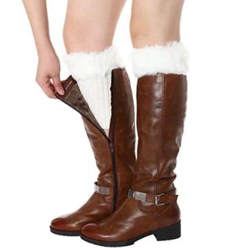 Womens Fur Trim Boot Cuff Top Cover Leg Warmers White