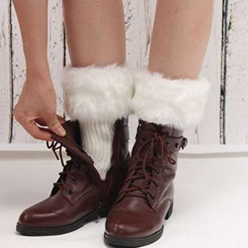 Womens Fur Trim Boot Cuff Top Cover Leg Warmers White