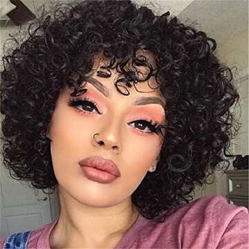 Donmily 10A Short Curly Wigs Malaysian Pixie Cut Human Hair Wig Curly Bob Wigs Lace Front Wigs Human Hair Machine Made Natural Black Wigs with Cap Replacement for Women