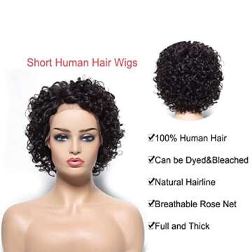 Donmily 10A Short Curly Wigs Malaysian Pixie Cut Human Hair Wig Curly Bob Wigs Lace Front Wigs Human Hair Machine Made Natural Black Wigs with Cap Replacement for Women