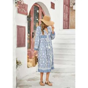 R.Vivimos Women's Long Sleeve Floral Print Retro V Neck Tassel Bohemian Midi Dresses (Large, Light Blue)