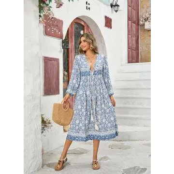 R.Vivimos Women's Long Sleeve Floral Print Retro V Neck Tassel Bohemian Midi Dresses (Large, Light Blue)