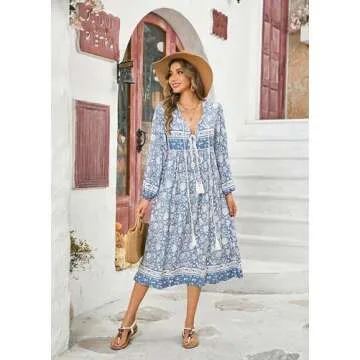 R.Vivimos Women's Long Sleeve Floral Print Retro V Neck Tassel Bohemian Midi Dresses (Large, Light Blue)