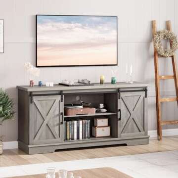 IDEALHOUSE Grey Farmhouse Cabinet, 65 Inch TV Stand with Storage, Barn Doors and Shelves, Modern TV Console Table Furniture for Living Bedroom
