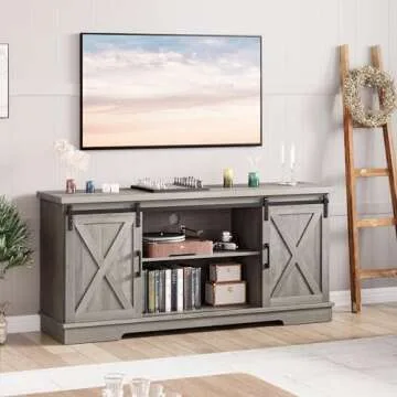 IDEALHOUSE Grey Farmhouse Cabinet, 65 Inch TV Stand with Storage, Barn Doors and Shelves, Modern TV Console Table Furniture for Living Bedroom