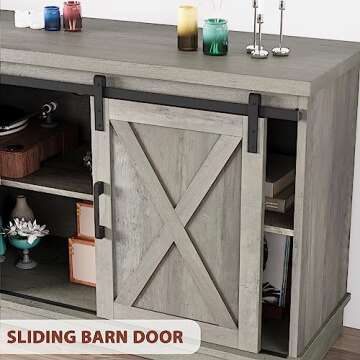 IDEALHOUSE Grey Farmhouse Cabinet, 65 Inch TV Stand with Storage, Barn Doors and Shelves, Modern TV Console Table Furniture for Living Bedroom
