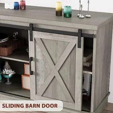IDEALHOUSE Grey Farmhouse Cabinet, 65 Inch TV Stand with Storage, Barn Doors and Shelves, Modern TV Console Table Furniture for Living Bedroom