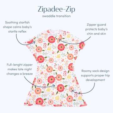 SleepingBaby Zipadee-Zip Transitional Swaddle Sack, 3-6 Month - Roomy Zipper Swaddle for Easy Diaper...