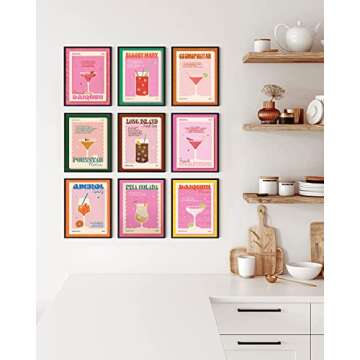 9Pcs Retro Cocktail Wall Art Colorful Alcohol Posters Prints Cute Preppy Room Aesthetic Decor Pictur...