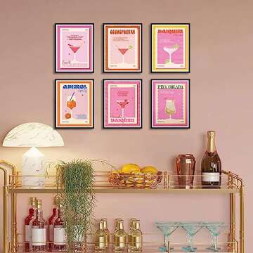 9Pcs Retro Cocktail Wall Art Colorful Alcohol Posters Prints Cute Preppy Room Aesthetic Decor Pictures for Party Apartment Dorm Bar Decoration Unframed
