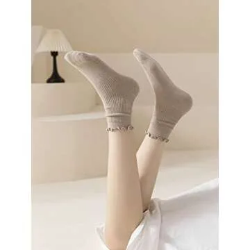 ACCFOD Ruffle Socks for Women Frilly Cute Socks for Women White Black Khaki Ankle Socks 5-9