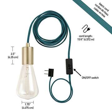 Globe Electric 69997 Emile 1-Light Plug-in Exposed Pendant, 15-ft Teal Cloth Cord, in-Line On/Off Rocker Switch, Brass Socket, 180, Bulb Not Included