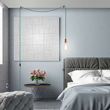 Globe Electric 69997 Emile 1-Light Plug-in Exposed Pendant, 15-ft Teal Cloth Cord, in-Line On/Off Rocker Switch, Brass Socket, 180, Bulb Not Included