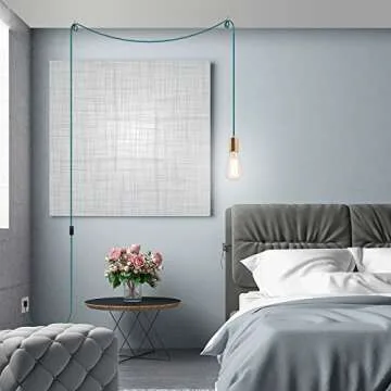 Globe Electric 69997 Emile 1-Light Plug-in Exposed Pendant, 15-ft Teal Cloth Cord, in-Line On/Off Rocker Switch, Brass Socket, 180, Bulb Not Included