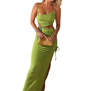 Seyumixi Women Hollow Out Long Dress Bodycon Backless Maxi Dress V Neck Spaghetti Strap Cocktail Dre...