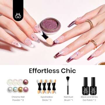 Beetles Metallic Chrome Nail Powder Kit Black White Colors Gel Polish Mirror Effect Holographic Meta...