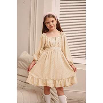 GRACE KARIN Girls Dress Ruffle Off The Shoulder Casual A-Line Swiss Dot Dress Apricot 12Y