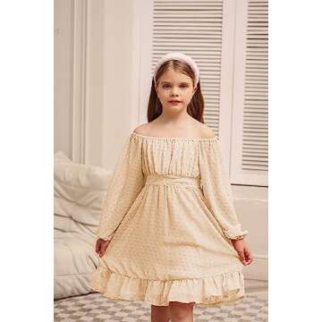 GRACE KARIN Girls Dress Ruffle Off The Shoulder Casual A-Line Swiss Dot Dress Apricot 12Y