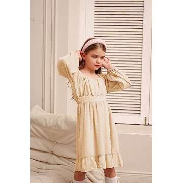 GRACE KARIN Girls Dress Ruffle Off The Shoulder Casual A-Line Swiss Dot Dress Apricot 12Y
