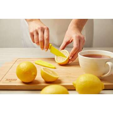 Kuhn Rikon Straight Paring Knife with Safety Sheath, 4 inch/10.16 cm Blade, Red, Yellow & Blue (Pack of 1)