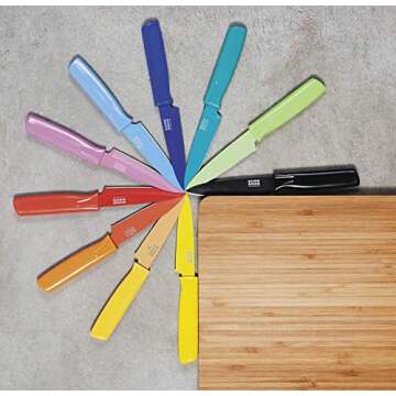 Kuhn Rikon Straight Paring Knife with Safety Sheath, 4 inch/10.16 cm Blade, Red, Yellow & Blue (Pack of 1)