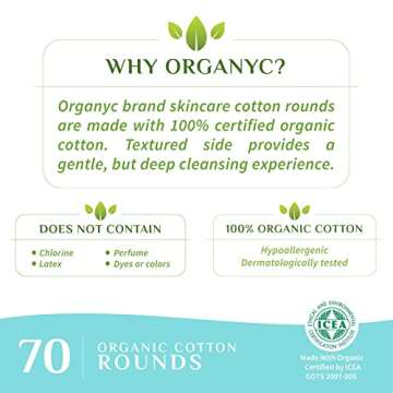Organyc 100% Organic Cotton Rounds - Biodegradable Cotton, Chemical Free, For Sensitive Skin (70 Cou...